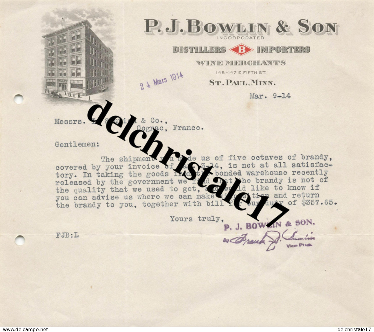 96 0130 ÉTATS-UNIS St Paul Minn 1914 Distillers Importers Wine Merchants P.J. BOWLIN & Son à SAUVION & Co à COGNAC - USA