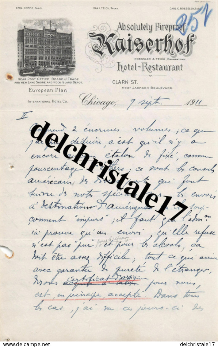 96 0116 ÉTATS-UNIS CHICAGO 1911 Hôtel-Restaurant MAISERHOF Propr. ROESSLER & TEICH Clark Street - Verenigde Staten