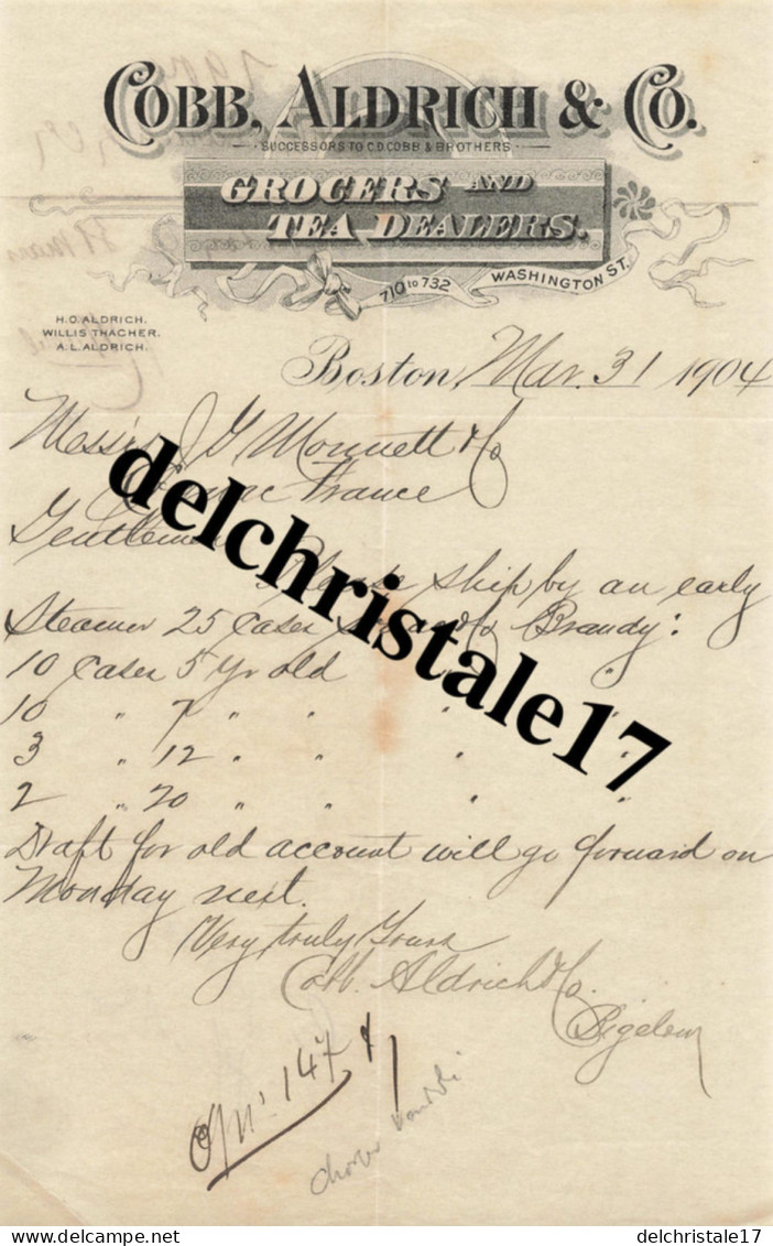 96 0114 ÉTATS-UNIS BOSTON 1904 Grogers & Tea Dealers COBB ALDRICH & Co Succ COBB & Brothers Washington Str. à M. MONNET - Verenigde Staten