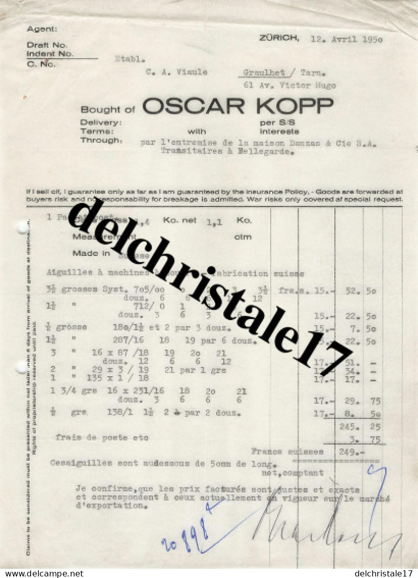 96 0026 ALLEMAGNE ZÜRICH 1950 Oscar KOPP Via Maison DANZAS Articles De Couture Aiguilles Dest. Éts VIAULE à GRAULHET - 1950 - ...