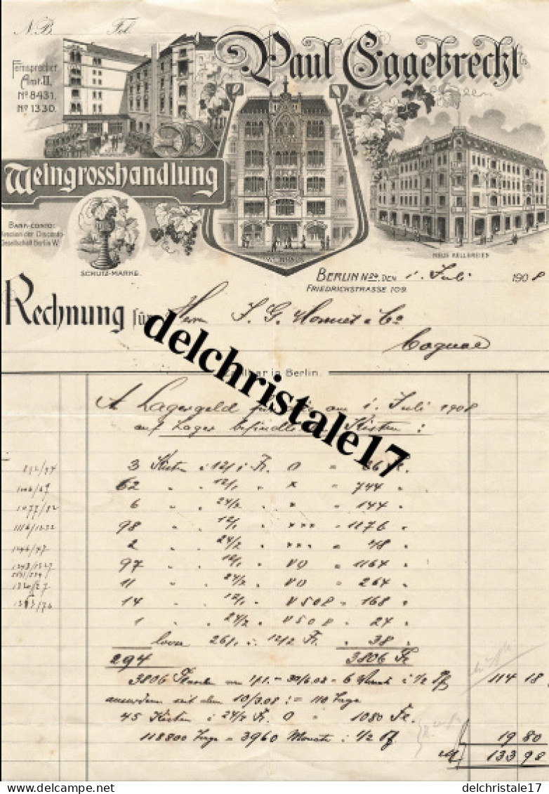 96 0023 ALLEMAGNE DEUTSCHLAND BERLIN 1908 Weinhaus Paul EGGEBRECHT Weingrosshandlug Dest. Mrs MONNET & Co COGNAC - 1900 – 1949