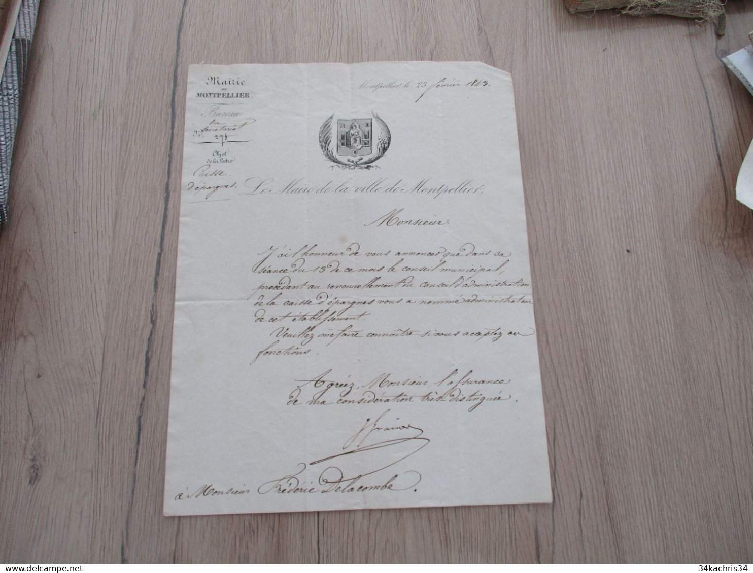 Montpellier 23/02/1843 LAS Autographe Signée Granier Nomination Delacombe Conseil D'administration Caisse D'Epargne - Politiques & Militaires