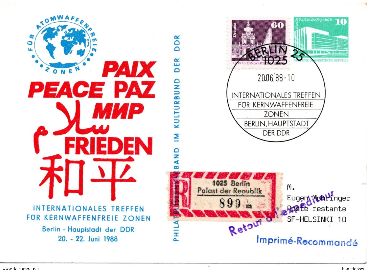 60154 - DDR - 1988 - 10Pfg PGAKte "Kernwaffenfreie Zonen" M SoStpl BERLIN - ... KERNWAFFENFREIE ZONEN -> Finnland - Atom