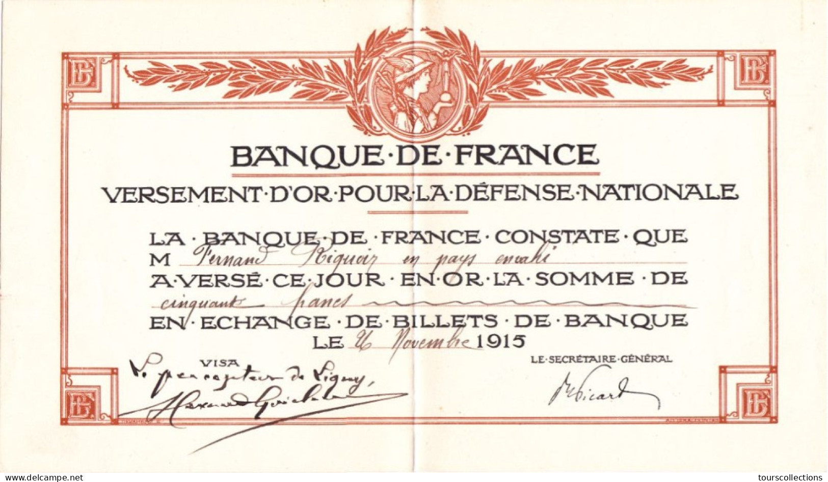 BILLET BANQUE DE FRANCE 1915 VERSEMENT OR Pour Défense Nationale De 50 Francs  Riquoir Fernand Pays Envahi à LIGNY (62) - Andere & Zonder Classificatie