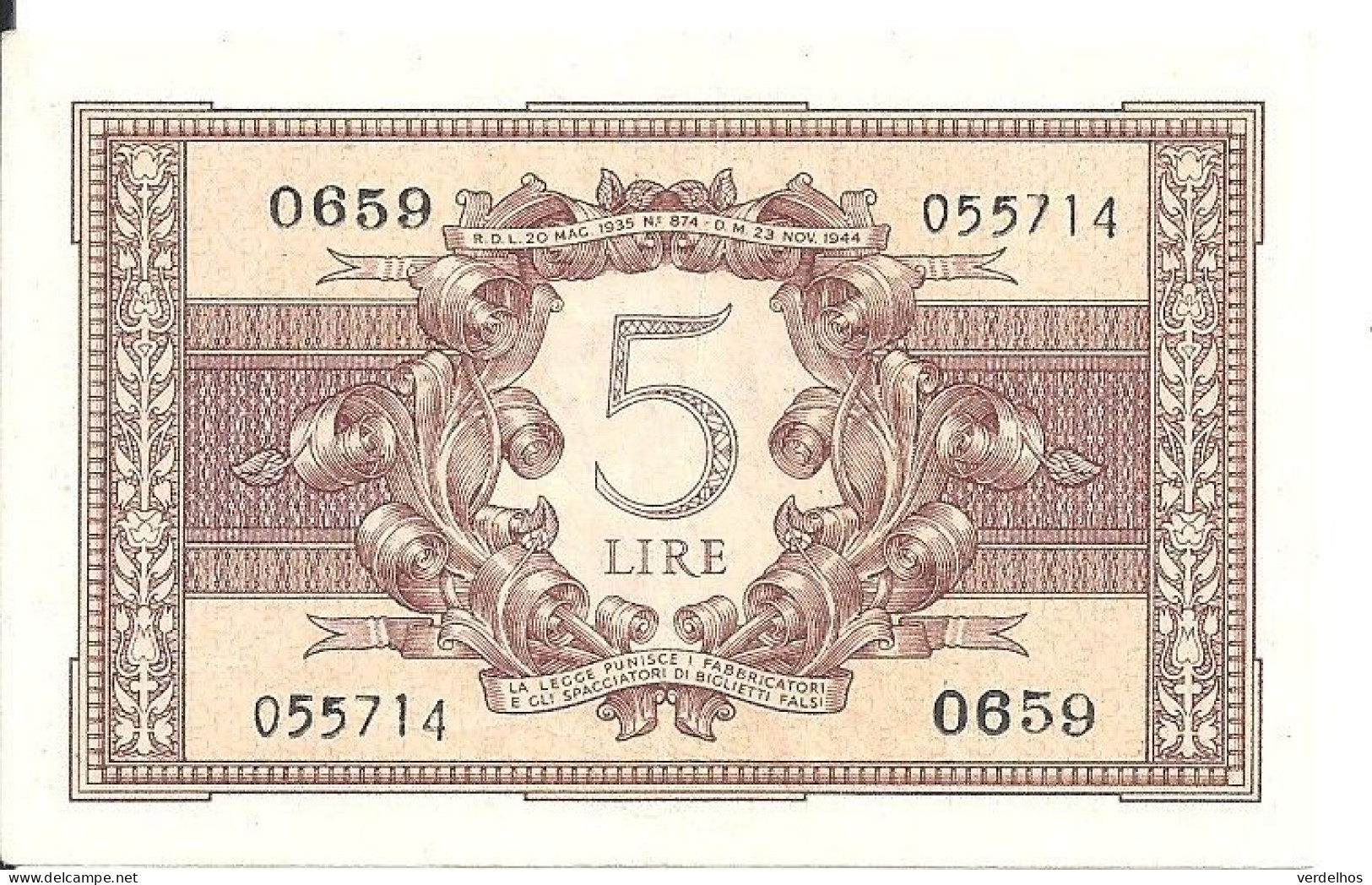 ITALIE 5 LIRE 1944 XF+ P 31 C - Italia – 5 Lire