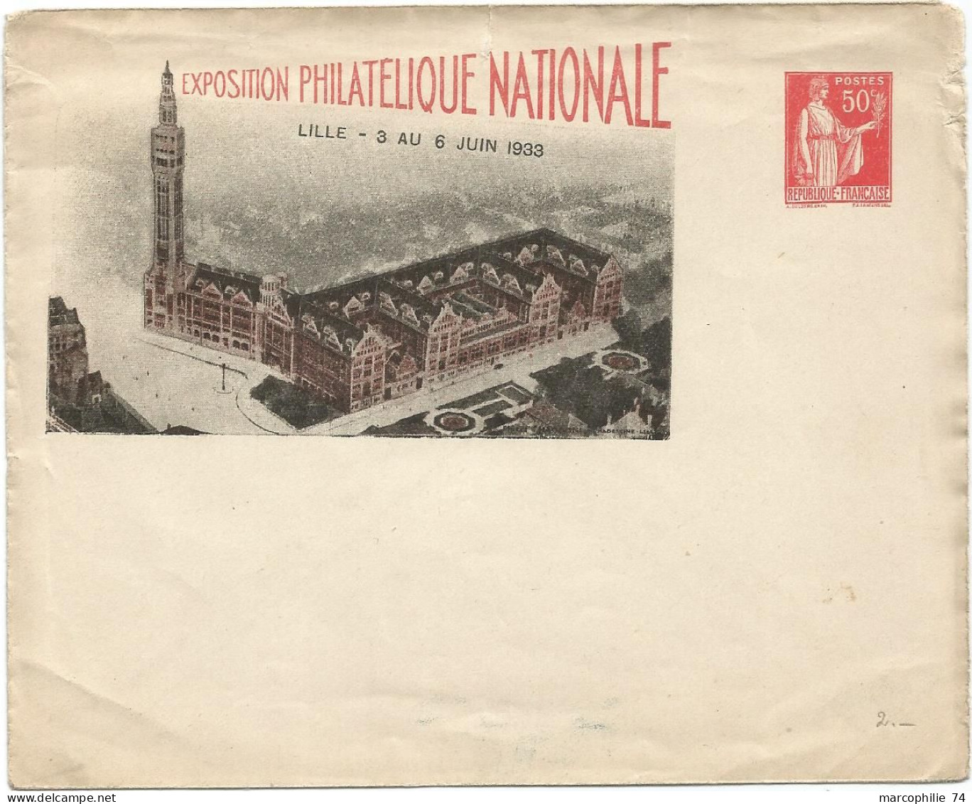 FRANCE ENTIER 50C PAIX ENVELOPPE EXPO PHIL NATIONALE LILLE 1933 NEUF - Buste Ristampe (ante 1955)