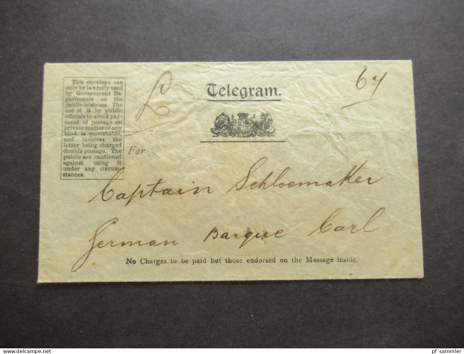 GB Vor 1900 Umschlag Telegram For Captain Schloemaker German Barque Carl / OHNE Inhalt!! - Brieven En Documenten