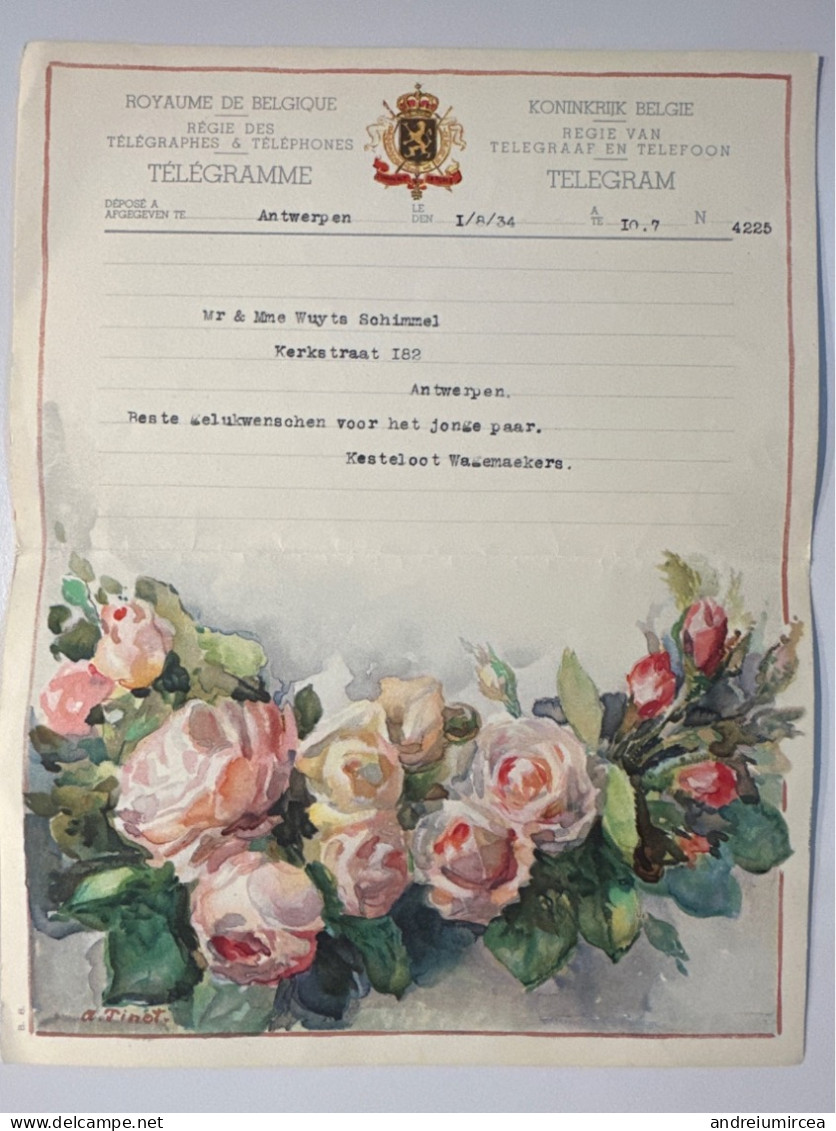 1934 Belgique Télégramme Illustrateur Signée À.Pinot - Telegrams