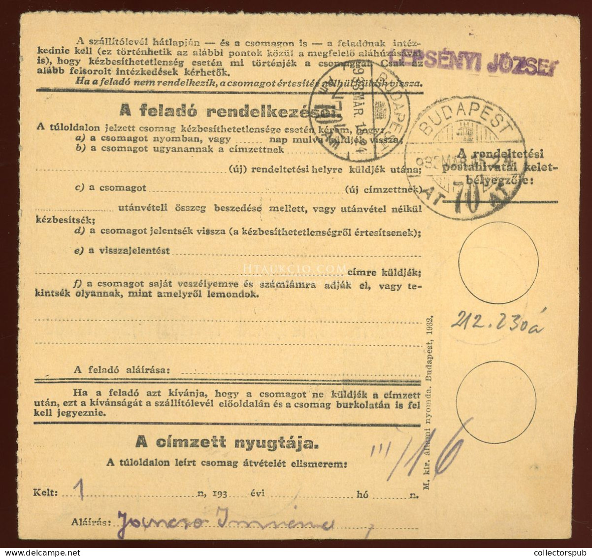 JOBBÁGYI 1933. Csomagszállító "gyorsan Romló" Ragjeggyel Budapestre - Gebruikt