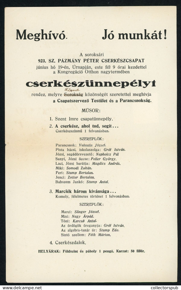 SOROKSÁR 1930. Pázmány Péter Cserkészcsapat Postázott Meghívó - Unclassified