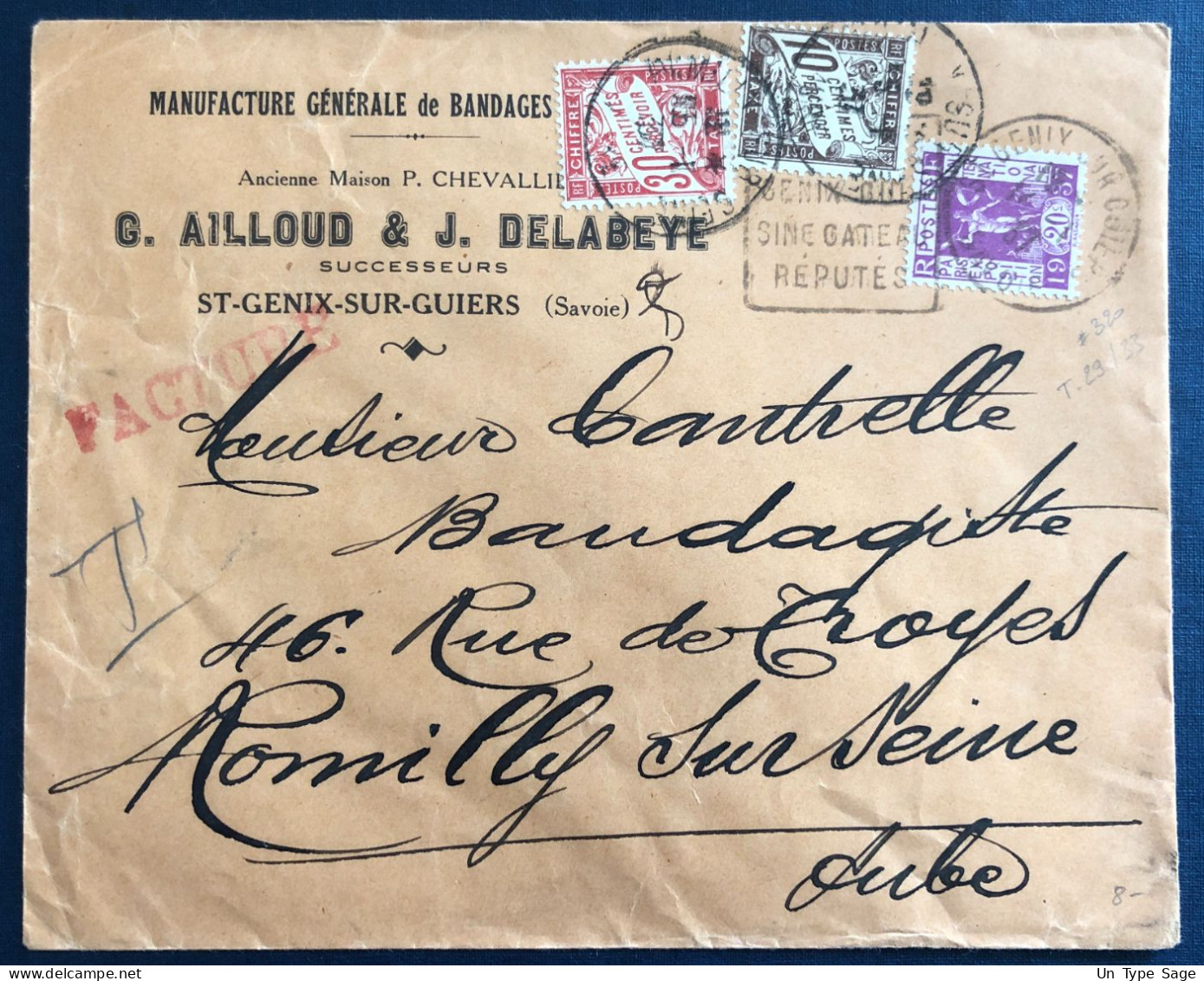 France N°320 Sur Enveloppe + Taxe N°29 Et 33 De St Genix-sur-Guiers 1937 - (B3164) - 1859-1959 Covers & Documents