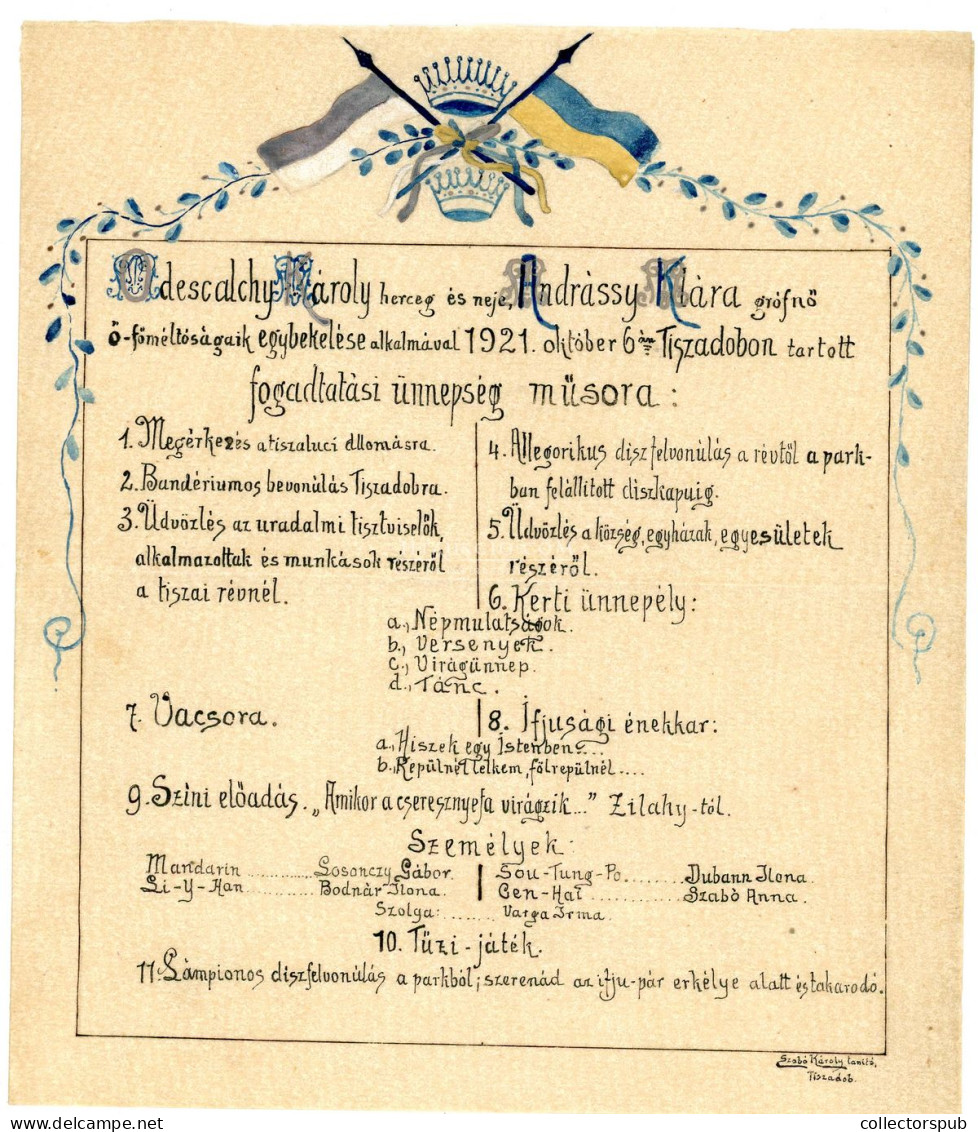 TISZADOB 1921. Herceg Odesalchy Károly és Andrássy Klára Grófnő Eskűvői Fogadtatási ünnepség, Kézzel Festett Program, Ri - Unclassified