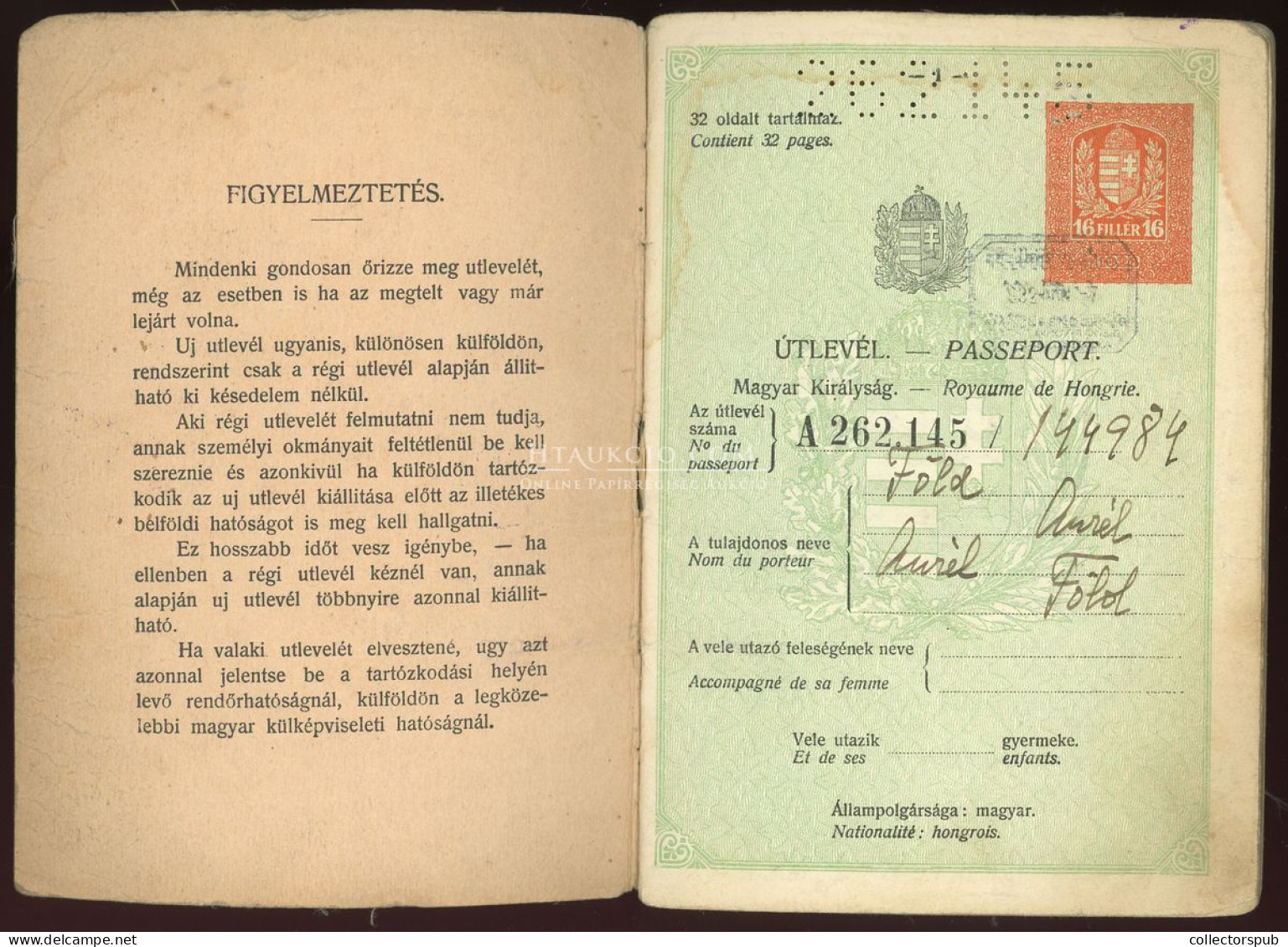 ÚTLEVÉL 1932.  Föld (Rosenfeld) Aurél újságíró, Fényképes útlevele 1937-ig Használva.passport - Unclassified