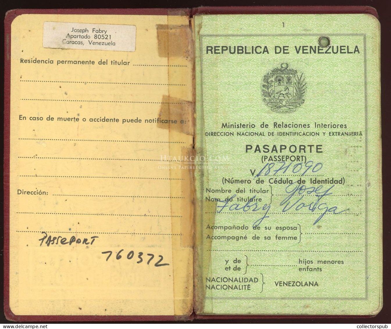 ÚTLEVÉL Fábry József Jazzdobos, Fotóriporter A LIFE Magazin Fotósa Venezuelai útlevele 1973. Passport - Zonder Classificatie