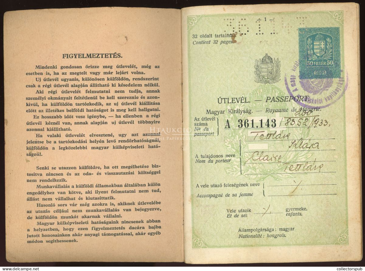 ÚTLEVÉL 1933. MISKOLC  Belga és Magyar Konzuli Illeték Bélyegekkel, Ritka Darab! Passport - Unclassified