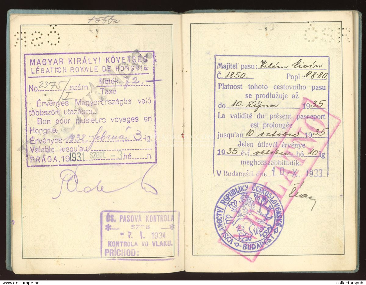 ÚTLEVÉL 1933. Csehszlovát útlevél, magyar személy részére, konzuli illetékbélyegekkel, érdekes darab! passport