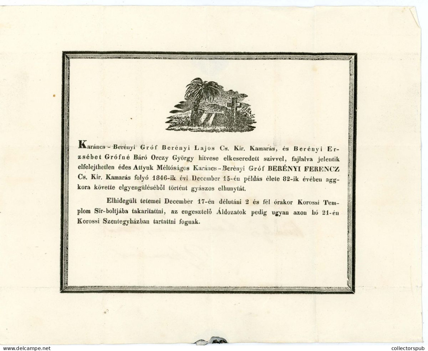 NYITRAKOROS 1846. Gróf Berényi Lajos Gyászjelentése Nagyszombatra Küldve Zerdahelyi Józsefnek - ...-1867 Voorfilatelie