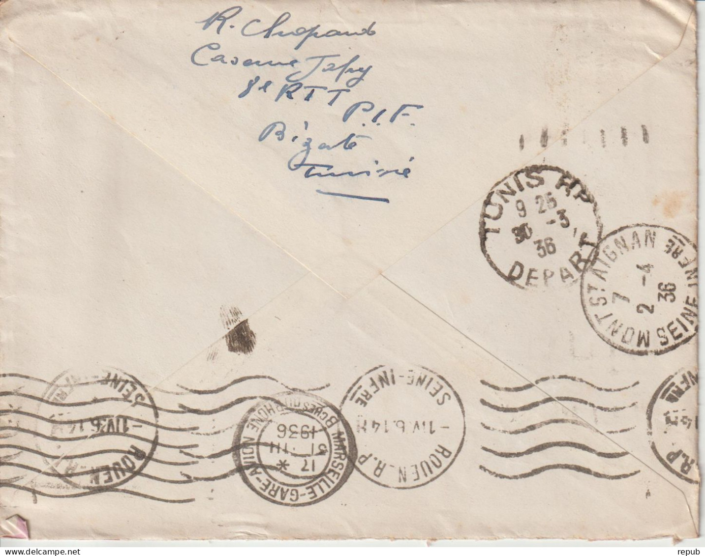 Tunisie Lettre 1936 Pour La France Rouen Oblit. Daguin Bizerte Voir Verso - Briefe U. Dokumente