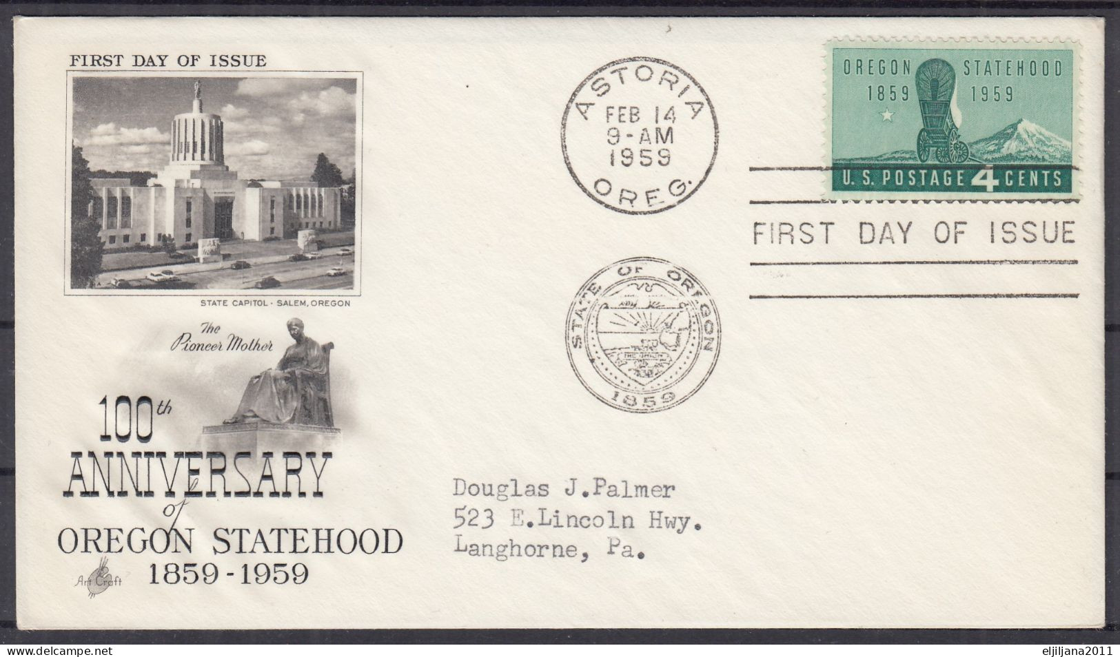 Action !! SALE !! 50 % OFF !! ⁕ USA 1959 ⁕ 100th Anniv. Of OREGON STATEHOOD 4c. ⁕ FDC Cover ASTORIA - 1951-1960