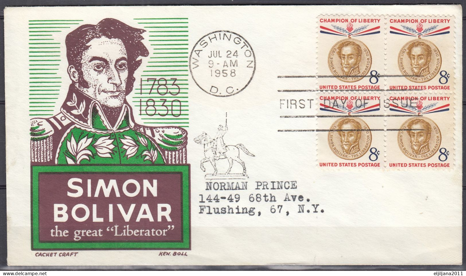 Action !! SALE !! 50 % OFF !! ⁕ USA 1958 & 1959 ⁕ SIMON BOLIVAR & ERNST REUTER 4c & 8c ⁕ 4v FDC Covers WASHINGTON - 1951-1960