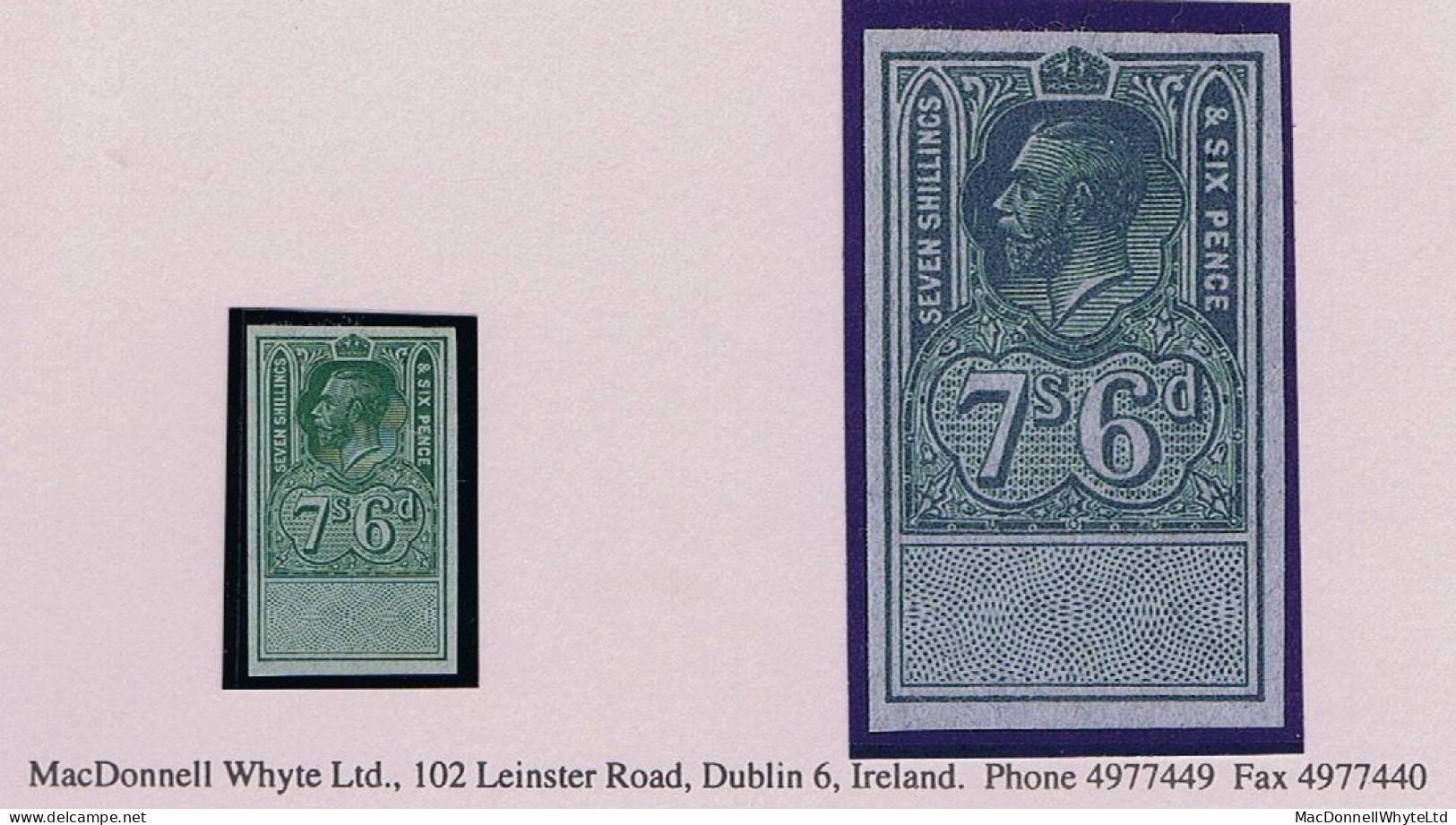 Great Britain Revenues 1917 George V Unappropriated 7s 6d Plate Proof In Green On Rough Bluish Paper - Fiscale Zegels