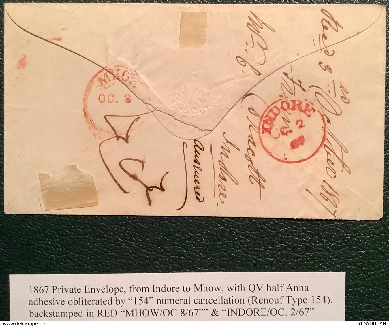 Scarce INDORE + 154 Duplex 1867 (state Of Madhya Pradesh India)on Queen Victoria Cover>Mhow (cover Lettre Indian States - 1858-79 Kronenkolonie