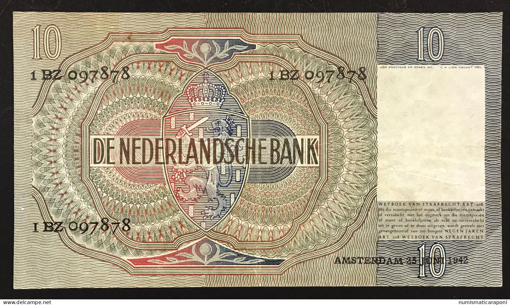 NETHERLANDS OLANDA 1942 10 Gulden Pick#56b  Lotto 4786 - 100 Gulden