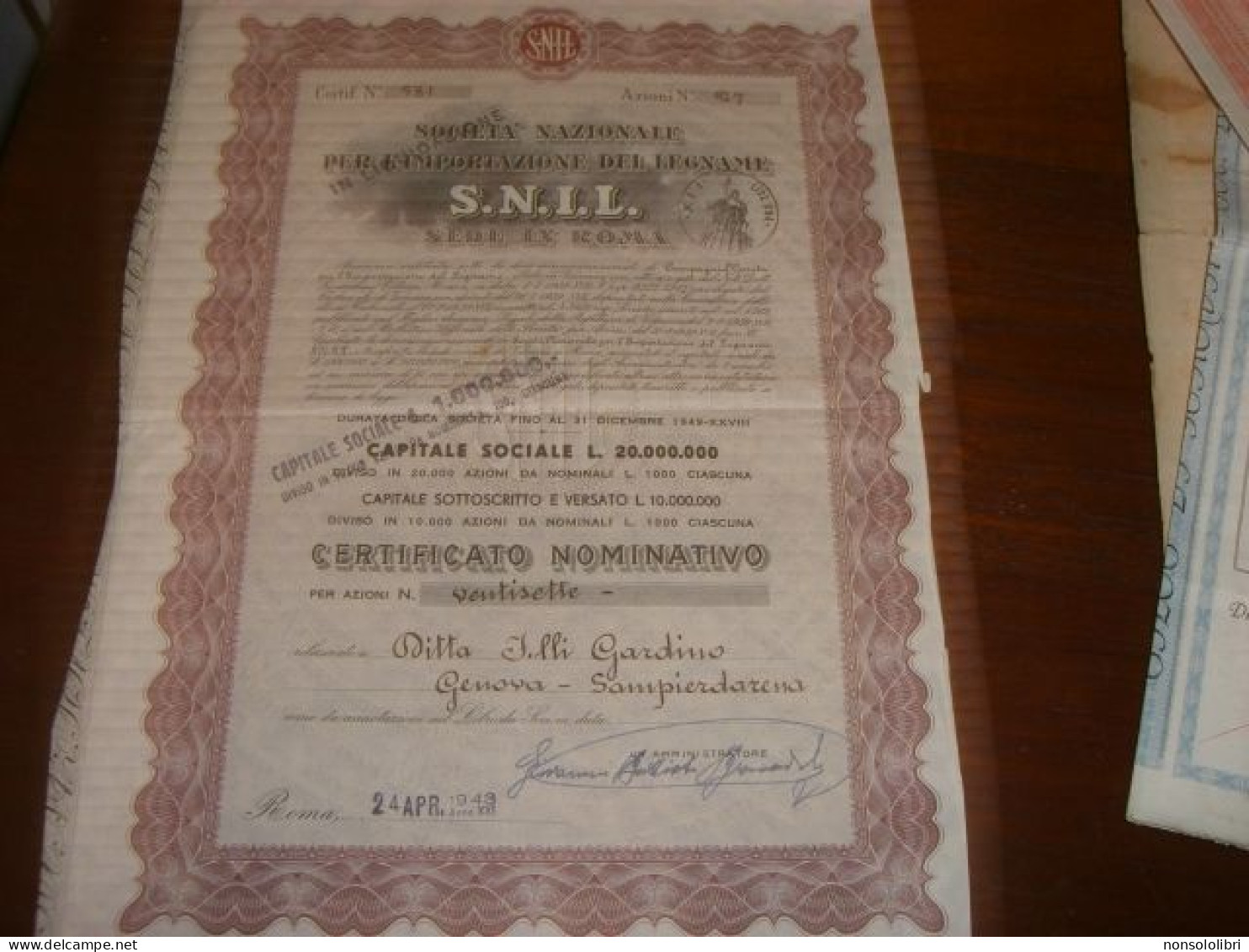 CERTIFICATO NOMINATIVO 1943 SOCIETA' IMPORTAZIONE DEL LEGNAME SNIL - Agricultura