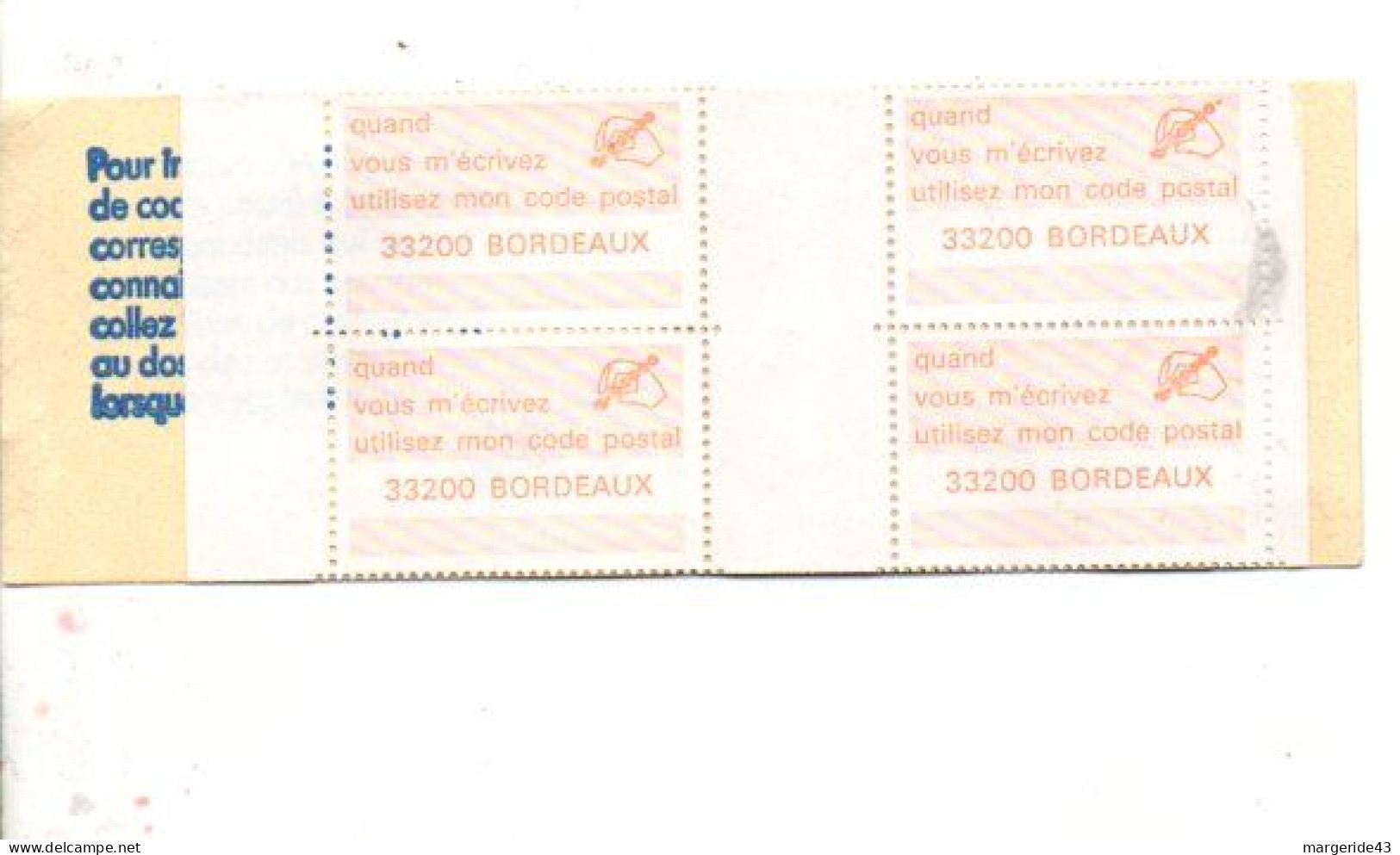 CARNET CODE POSTAL -33100 BORDEAUX JAUNE NEUTRE - Blocks Und Markenheftchen