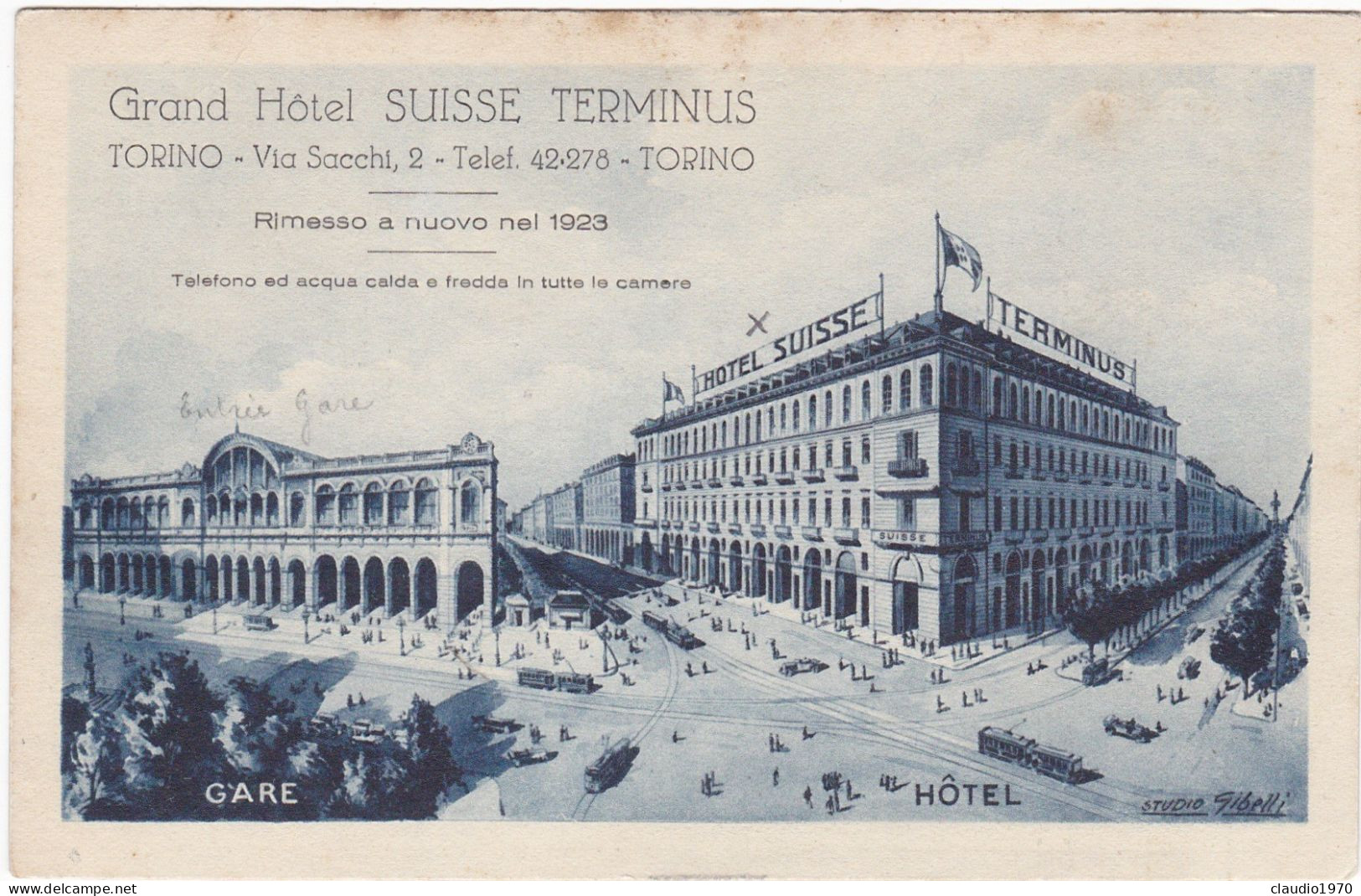 TORINO - CARTOLINA - GRAND HOTEL SUISSE TERMINUS - RIMESSO A NUOVO NEL 1923 - Bars, Hotels & Restaurants