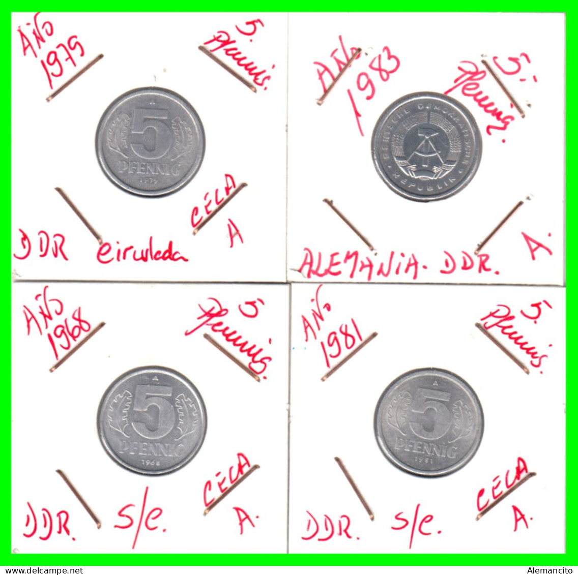 REPUBLICA DEMOCRATICA DE ALEMANIA ( DDR ) 4 MONEDAS DE 5 PFENNING AÑO 1968 - 1979 - 1981 -  1983 - CECA - A - 5 Pfennig