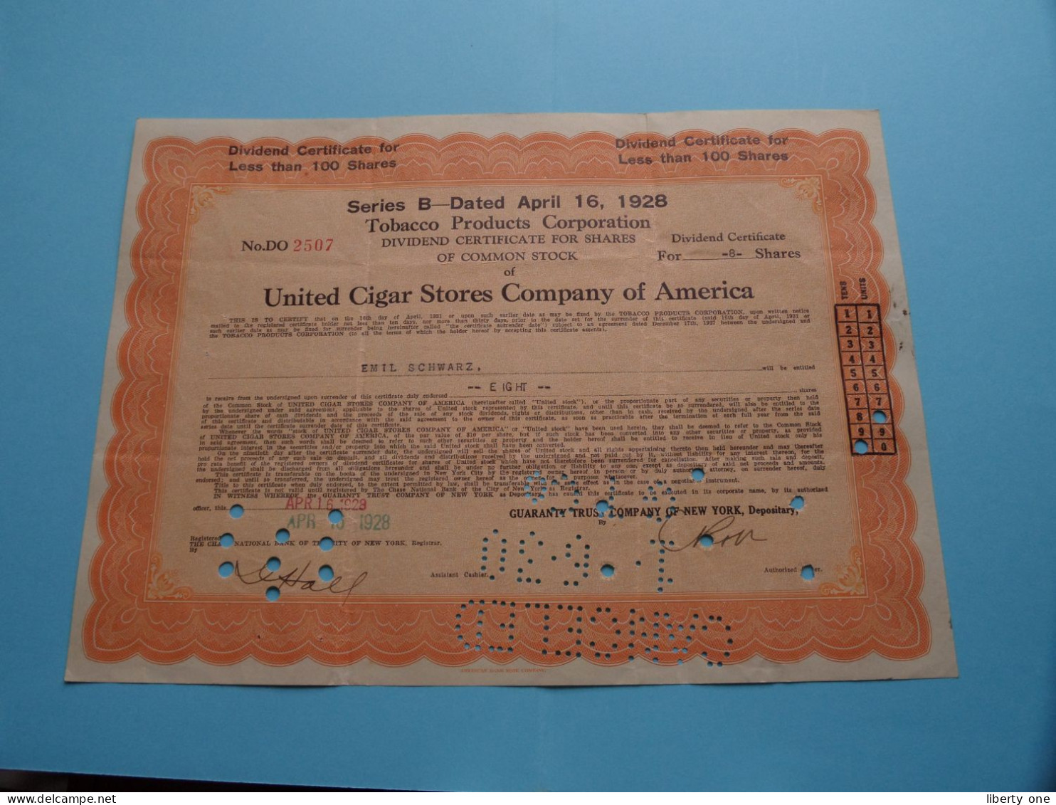 TOBACCO Products C° / United CIGAR Stores Of America ( N° DO 2013/2507/4948/5909/6831 ) 1928/30 ( See SCANS ) 5 Ex. ! - S - V