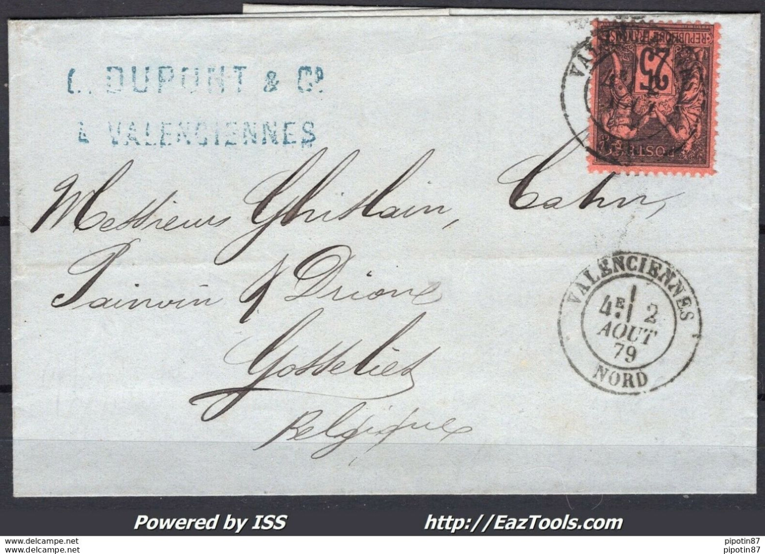 FRANCE SAGE N° 91 SUR LETTRE POUR GOSSELIES BELGIQUE TARIF FRONTALIER 25cts - 1876-1898 Sage (Tipo II)