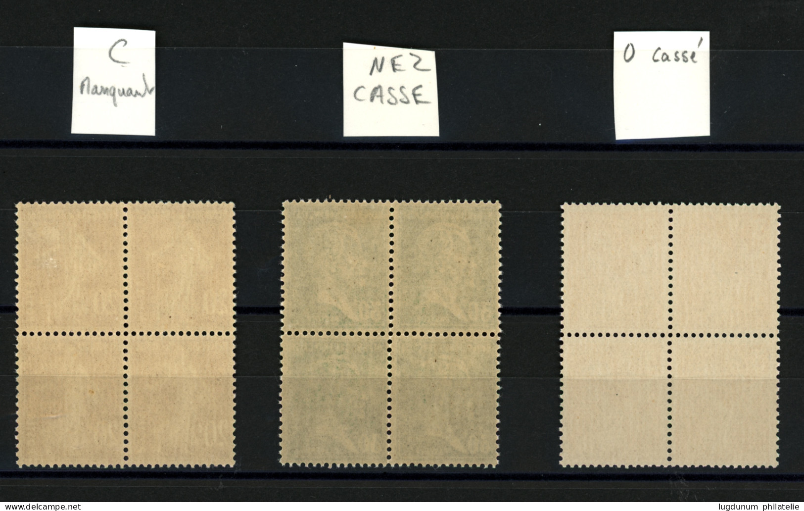 VARIETES - Bloc De 4 Neuf ** : N°174 (Nez Cassé), N°190 (C Manquant), N°655 (O Cassé). Superbe. - 1903-60 Semeuse Lignée