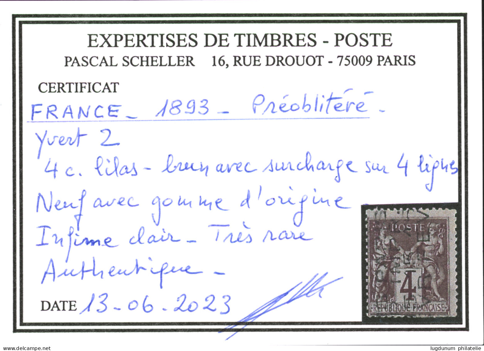 PREOBLITERES : 4c (n°2) Surcharge Sur 4 Lignes Neuf *. Infime Clair. Timbre Rare. Cote 2000€ Pour (*) Sans Gomme. Certif - Andere & Zonder Classificatie