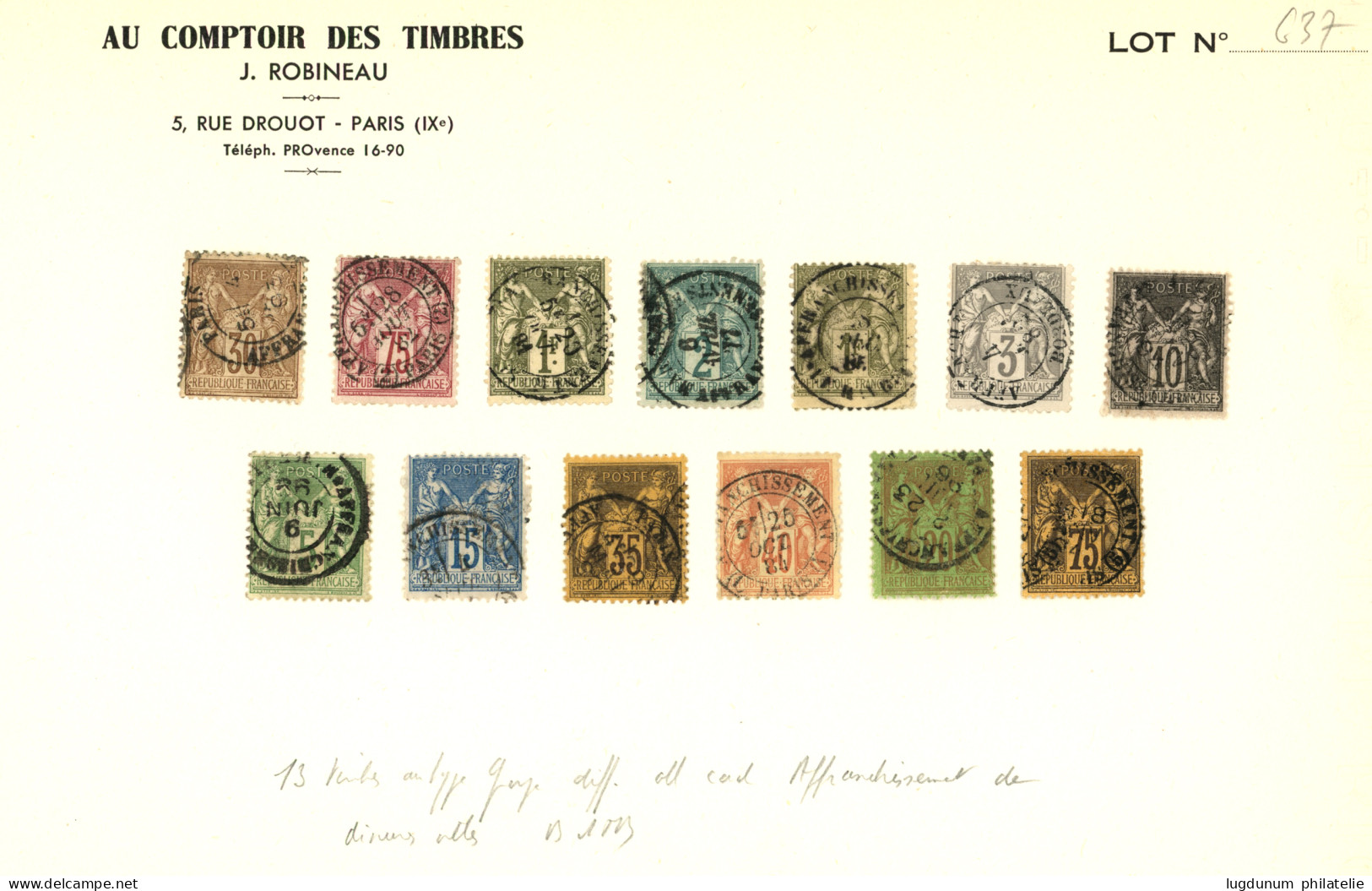 OBLITERATIONS Rares Sur Type SAGE - Sélection 88 Timbres Montés Sur Anciennes Feuilles De VENTES ROUMET Et ROBINEAU De 1 - 1849-1876: Klassik