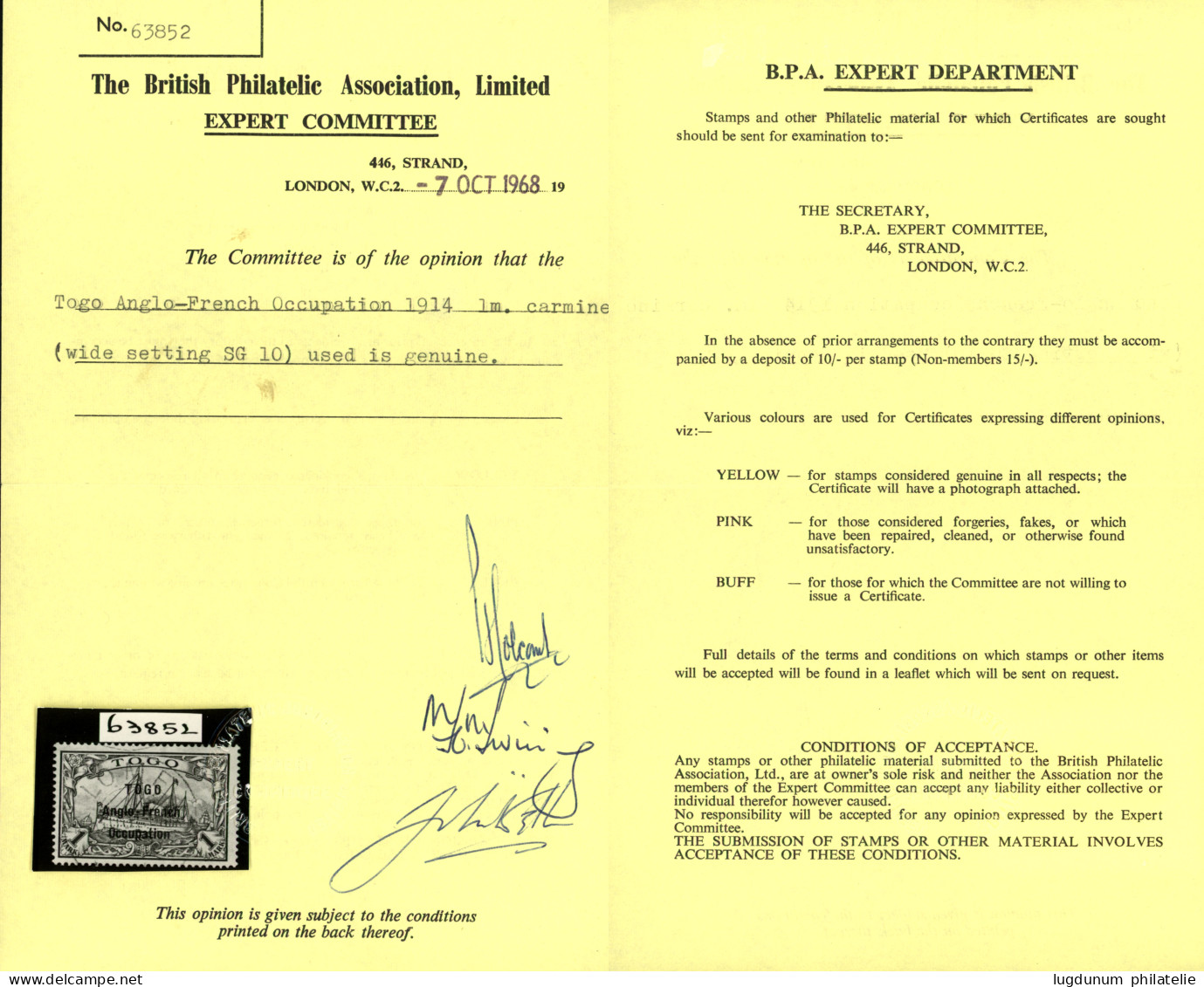 TOGO :  1 MARK (n°41) Surcharge I (3 Mm) Obl. LOME. Tirage 100 Ex. Cote 9400€. Certificat BPA (1968) + SCHELLER (2019).  - Sonstige & Ohne Zuordnung