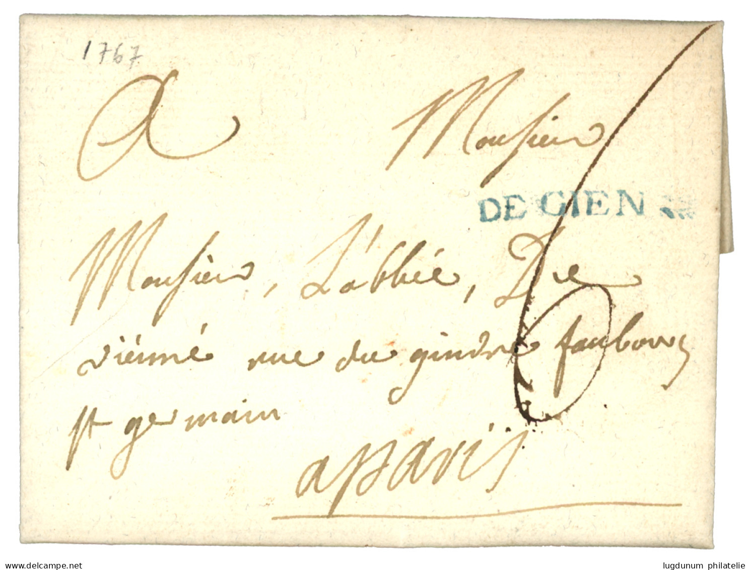 LOIRET : 1767 GIEN En Bleu (Lenain 2) Sur Lettre Avec Texte. Indice 22. Superbe. - 1701-1800: Précurseurs XVIII