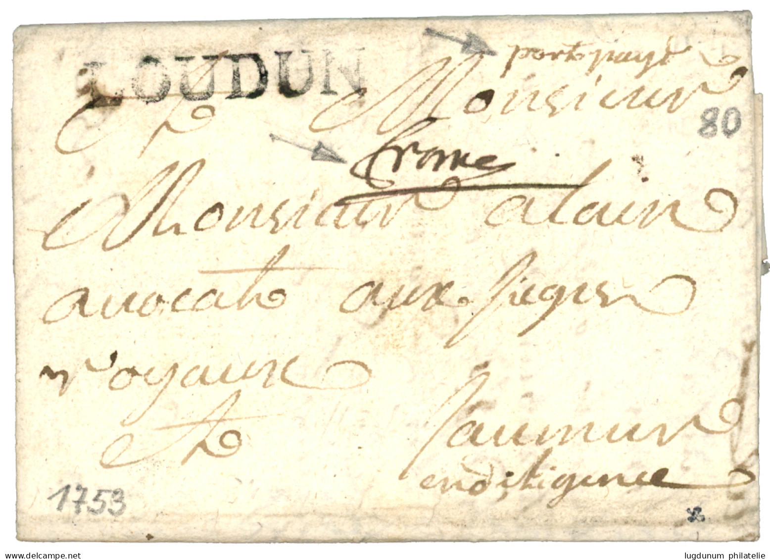 VIENNE : LOUDUN (Lenain 2) +FRANC + PORT PAYE (Lenain 4) Sur Lettre Avec Texte. Indice 19. TTB. - 1701-1800: Précurseurs XVIII