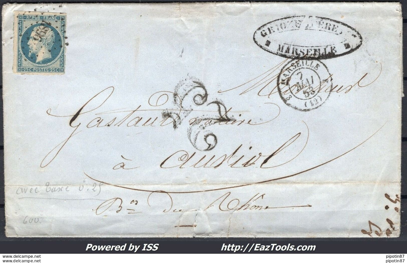 FRANCE EMISSION PRESIDENCE 25c BLEU N° 10 SUR LETTRE TAXE 25CTS COMBINAISON PEU COMMUNE CAD MARSEILLE - 1852 Louis-Napoleon