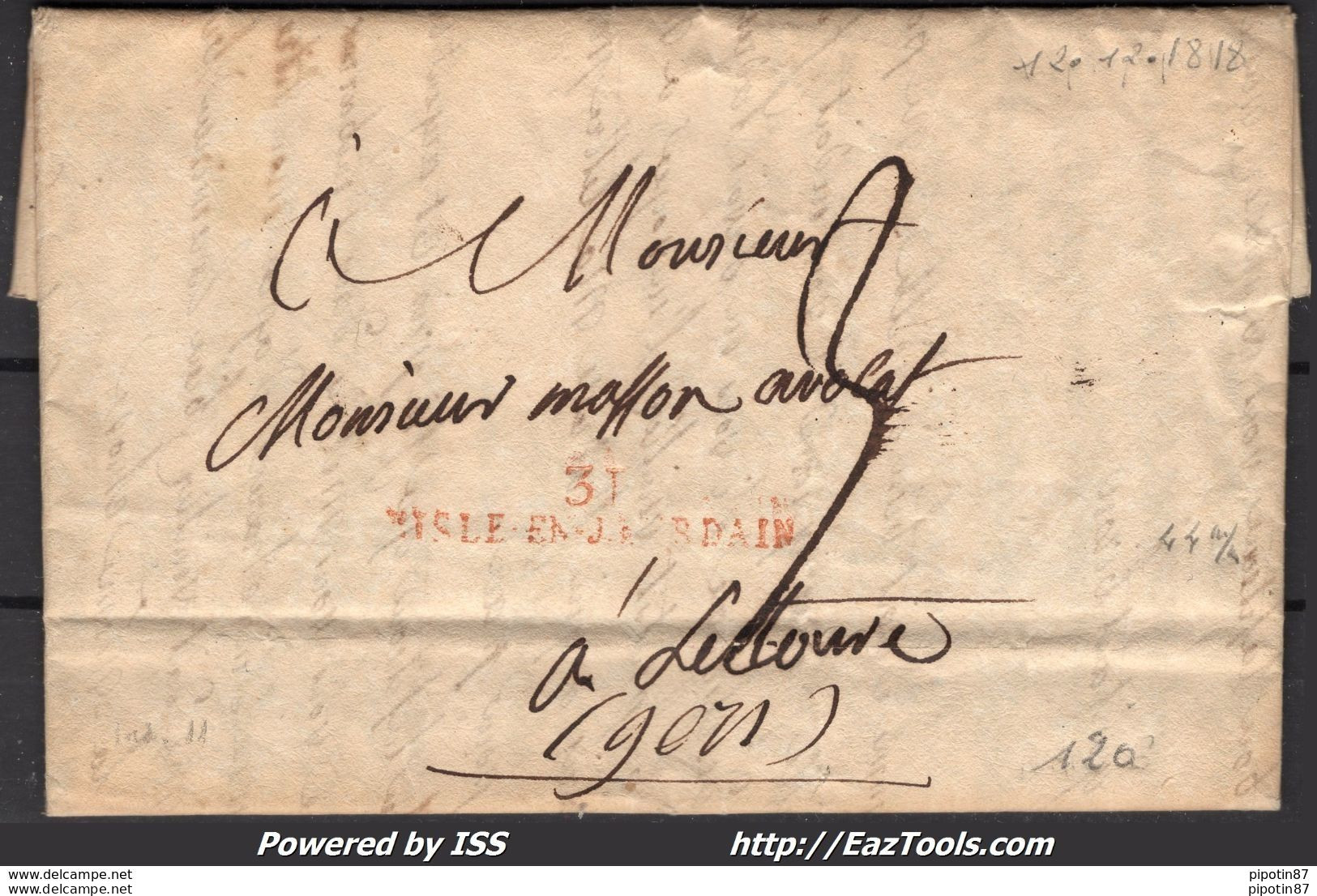 FRANCE MARQUE POSTALE ROUGE 44 X 8 MM 31 L'ISLE JOURDAIN GERS A DESTINATION DE LECTOURE DE 1818 - 1701-1800: Précurseurs XVIII