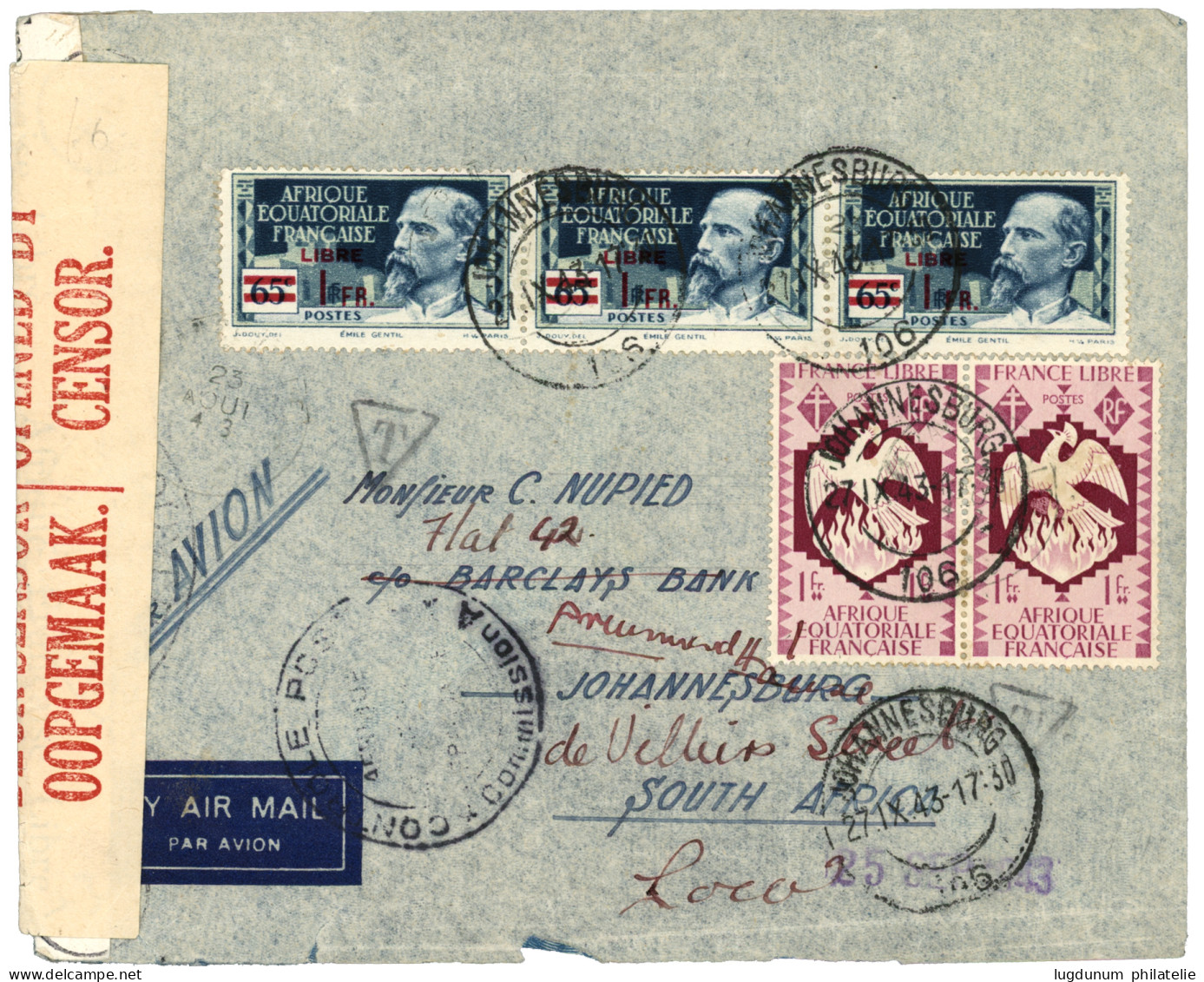 "MOUILA" : 1943 FRANCE LIBRE 1F (x2) + 1F S/ 65c (x3) Obl. Cachet Sud Africain JOHANESBURG + CENSURES Sur Lettre PAR AVI - Sonstige & Ohne Zuordnung