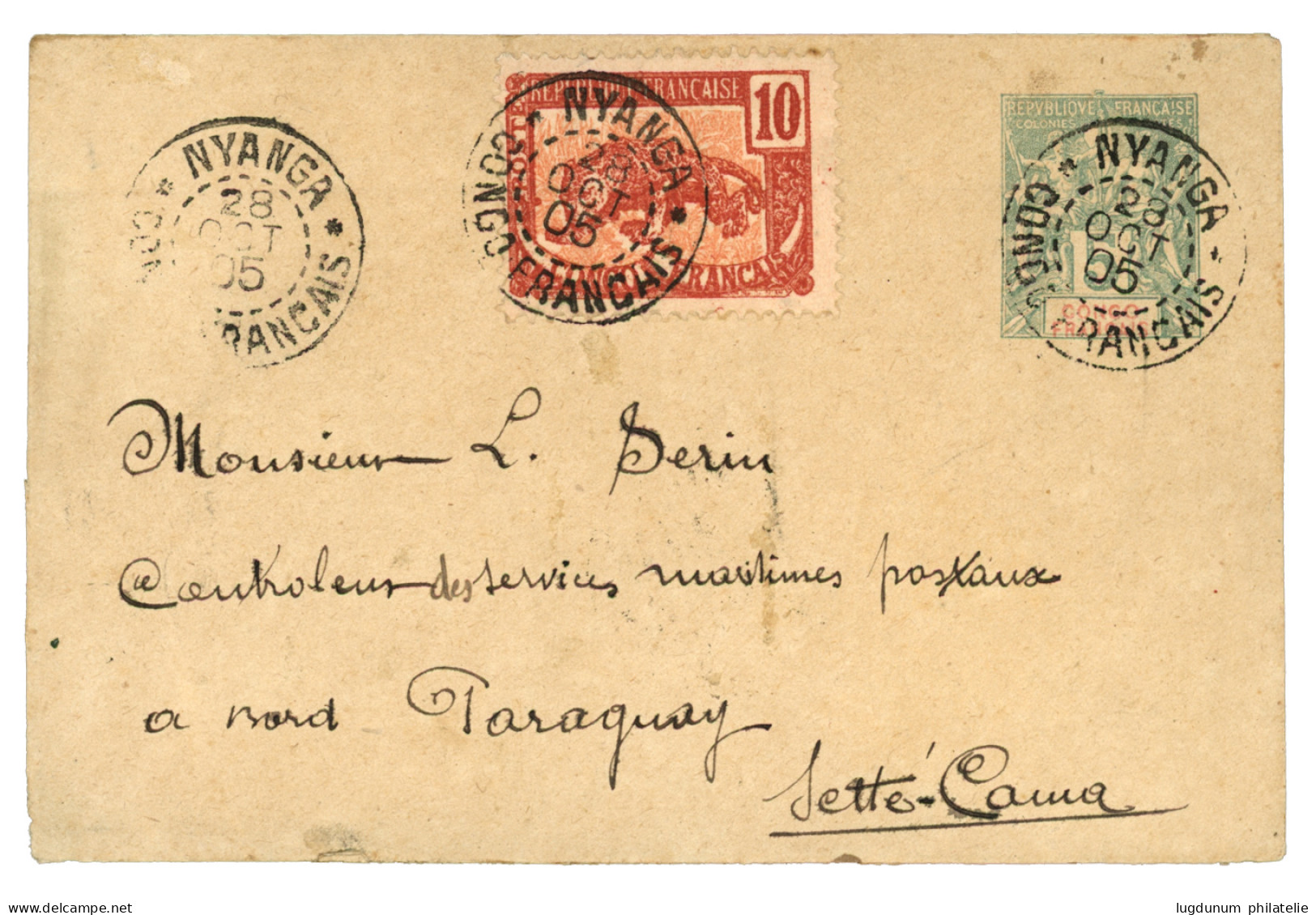 "NYANGA" : 1905 Entier 5c + 10c Obl. NYANGA CONGO FRANCAIS Pour SETTE-CAMA (arrivée Au Verso). TTB. - Sonstige & Ohne Zuordnung