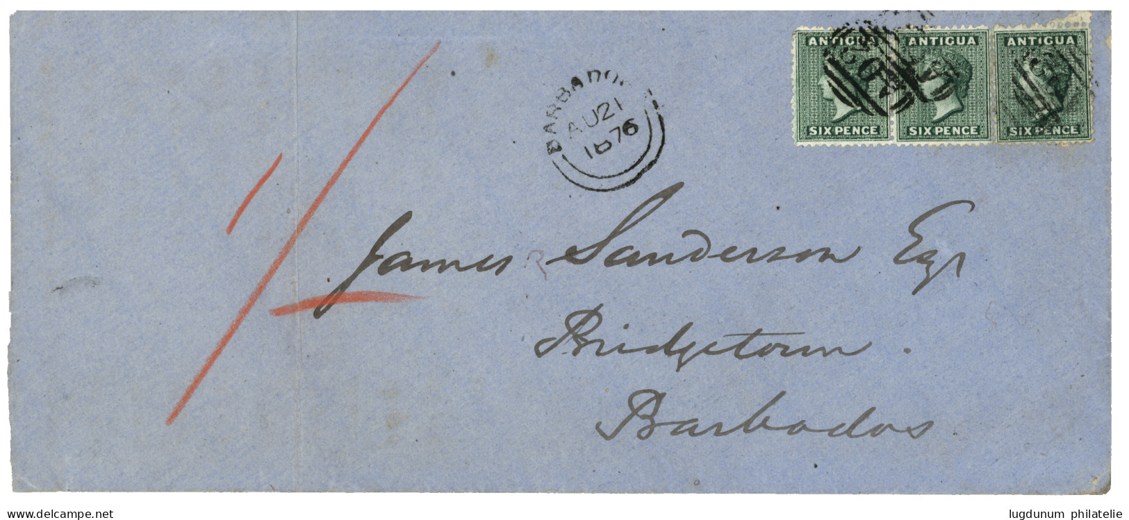 ANTIGUA :1876 6d (x3) Canc. A02 + ANTIGUA (verso) + Large Cds BARBADOES  On Envelope To BARBADOS. Vvf. - Autres & Non Classés