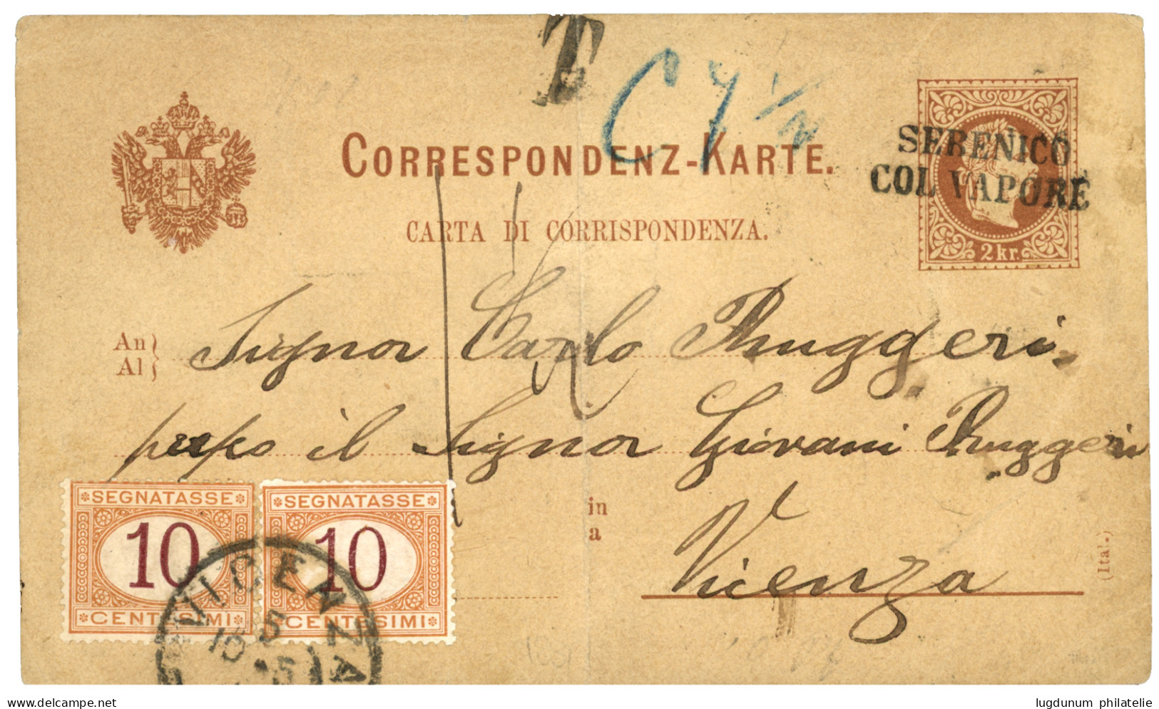 AUSTRIA : 1880 P./Stat 2k Canc. SEBENICO COL VAPORE To VICENZA (ITALY) Taxed On Arrival With ITALIAN POSTAGE DUES 10c (x - Sonstige & Ohne Zuordnung