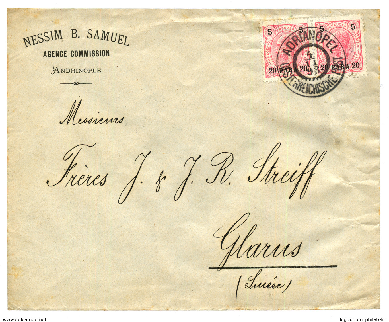 ADRIANOPEL : 1893 20p On 5K (x2) Canc. ADRIANOPEL On Commercial Envelope To SWITZERLAND. Vvf. - Levant Autrichien