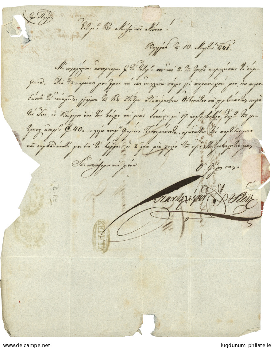 BELGRAD Via SEMLIN : 1841 SEMLIN + Tax Marking On Entire Letter From BELGRAD (SERBIA) To PEST. Verso, Disinfected Wax Se - Levant Autrichien