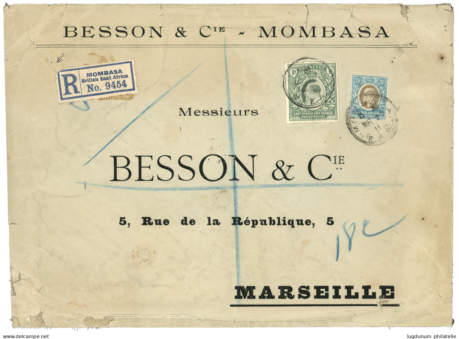 BRITISH EAST AFRICA : 1911 Rare 1 Rupee + 75c On REGISTERED Envelope To FRANCE. Scarce Use Of 1R On Commercial Mail. Vf. - Britisch-Ostafrika