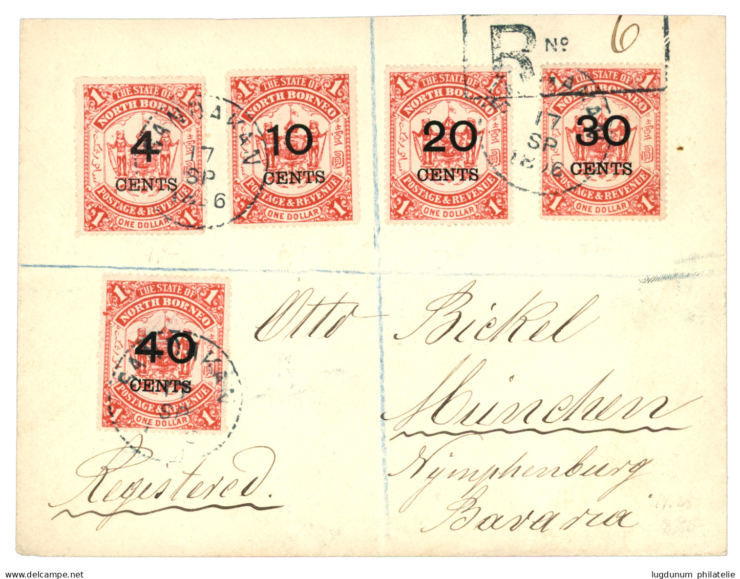 NORTH BORNEO : 1896 4c + 10c + 20c + 30c + 40c On ONE DOLLAR Canc. SANDAKAN On REGISTERED Envelope To GERMANY. Vvf. - Nordborneo (...-1963)