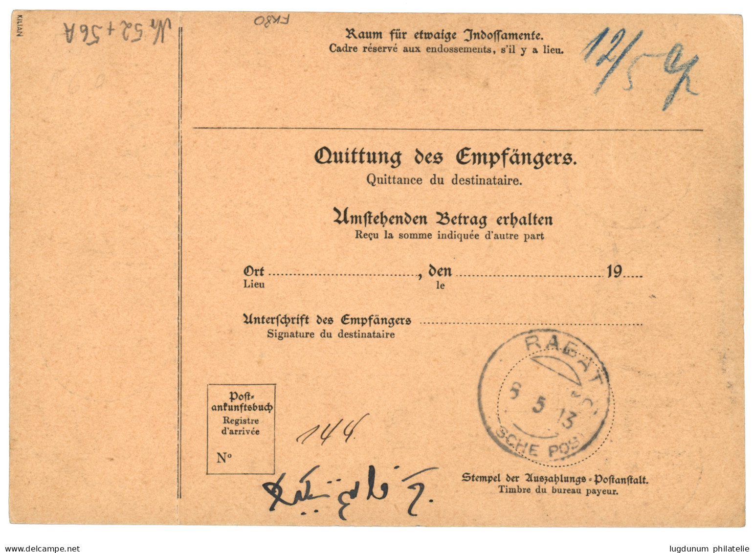 GERMAN MOROCCO : 1913 2P50c on 2 MARK + 50c on 40pf canc. TANGER on MANDAT POSTE INTERNATIONAL to RABAT. Signed KILIAN. 